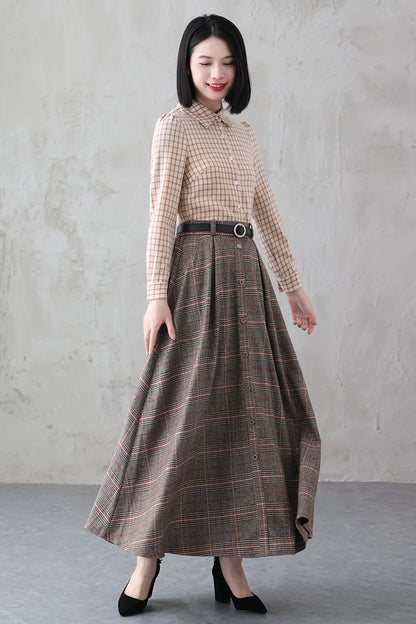 Plaid Wool Long A-Line Swing Skirt - Back Elastic Waist 3838