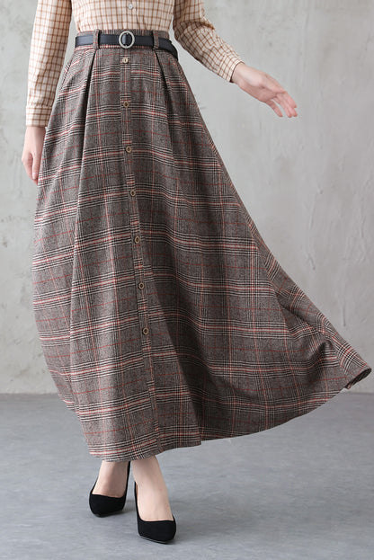 Plaid Wool Long A-Line Swing Skirt - Back Elastic Waist 3838