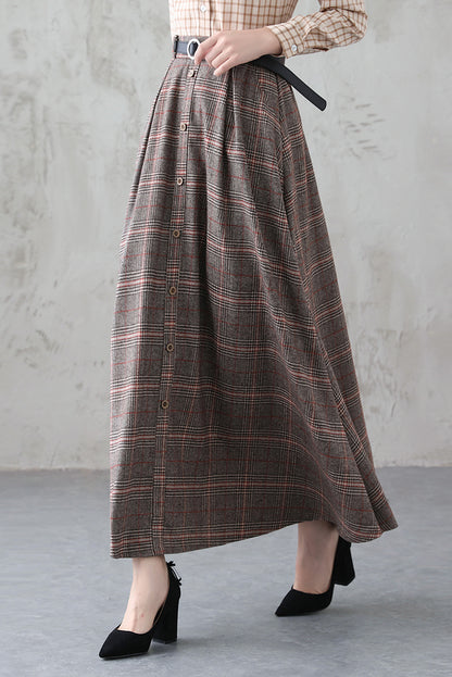 Plaid Wool Long A-Line Swing Skirt - Back Elastic Waist 3838