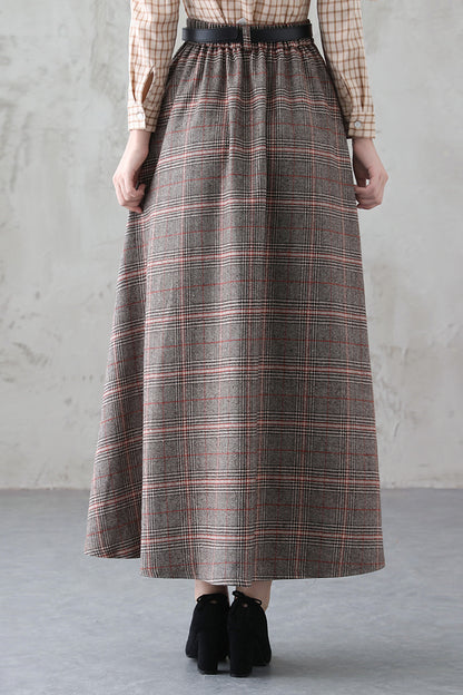 Plaid Wool Long A-Line Swing Skirt - Back Elastic Waist 3838