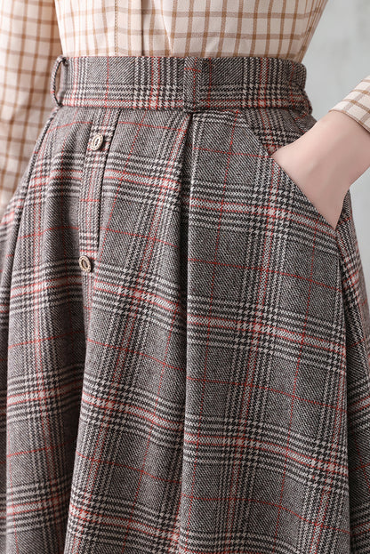 Plaid Wool Long A-Line Swing Skirt - Back Elastic Waist 3838