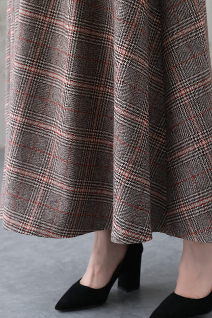 Plaid Wool Long A-Line Swing Skirt - Back Elastic Waist 3838