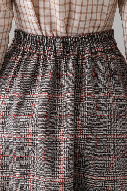 Plaid Wool Long A-Line Swing Skirt - Back Elastic Waist 3838