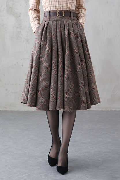 Handmade Brown Plaid Wool Midi Skirt – Vintage Pleated Circle Skirt | Xiaolizi  3839