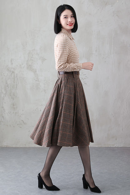 Handmade Brown Plaid Wool Midi Skirt – Vintage Pleated Circle Skirt | Xiaolizi  3839