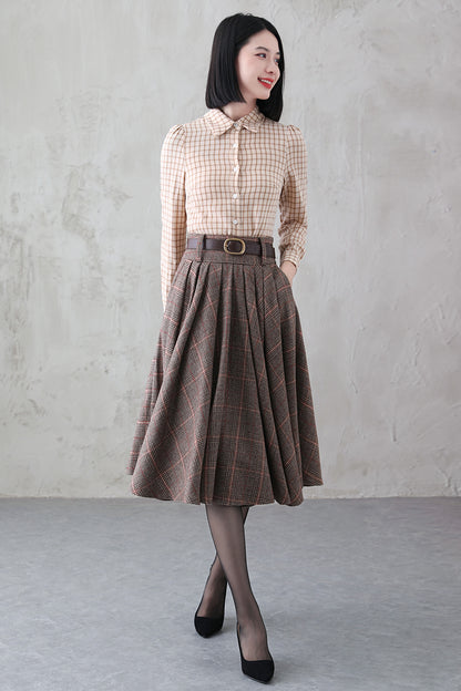 Handmade Brown Plaid Wool Midi Skirt – Vintage Pleated Circle Skirt | Xiaolizi  3839