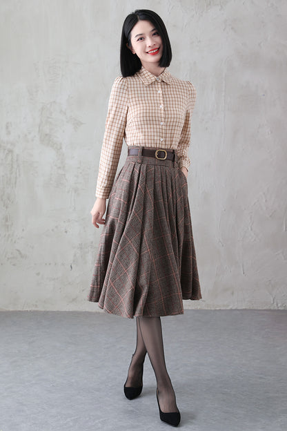 Handmade Brown Plaid Wool Midi Skirt – Vintage Pleated Circle Skirt | Xiaolizi  3839