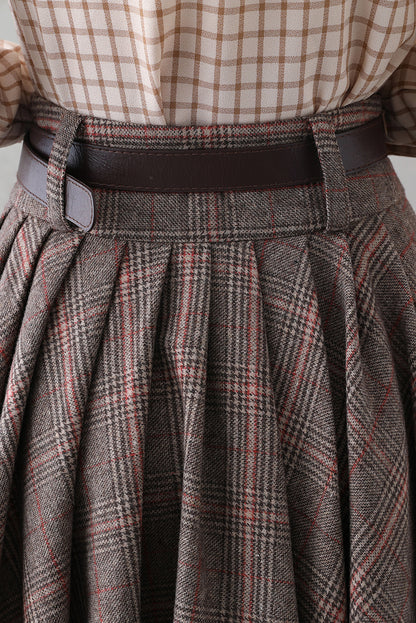 Handmade Brown Plaid Wool Midi Skirt – Vintage Pleated Circle Skirt | Xiaolizi  3839