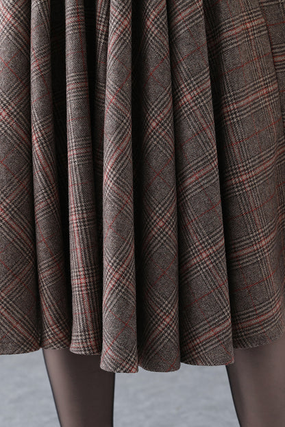 Handmade Brown Plaid Wool Midi Skirt – Vintage Pleated Circle Skirt | Xiaolizi  3839