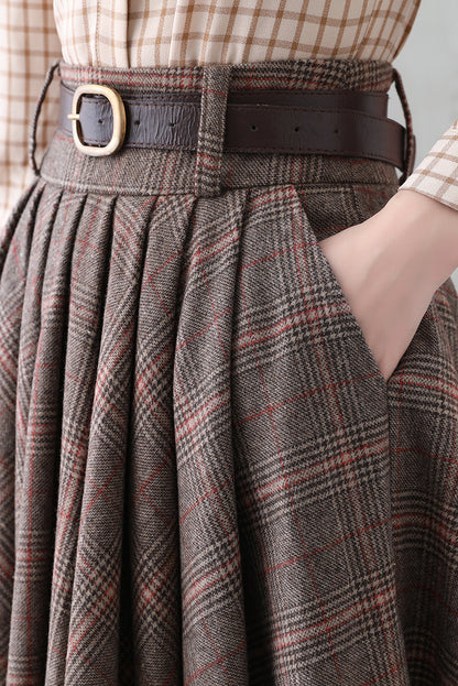 Handmade Brown Plaid Wool Midi Skirt – Vintage Pleated Circle Skirt | Xiaolizi  3839