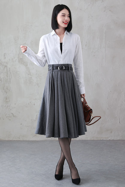 Vintage Gray Wool Skirt – Handmade Winter A-line Skirt with Pockets 3840