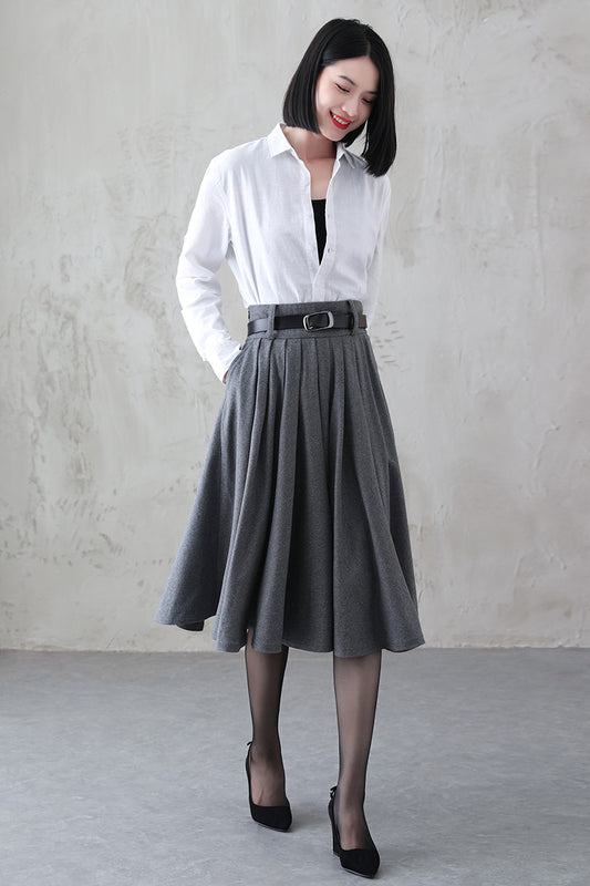 Vintage Gray Wool Skirt – Handmade Winter A-line Skirt with Pockets 3840