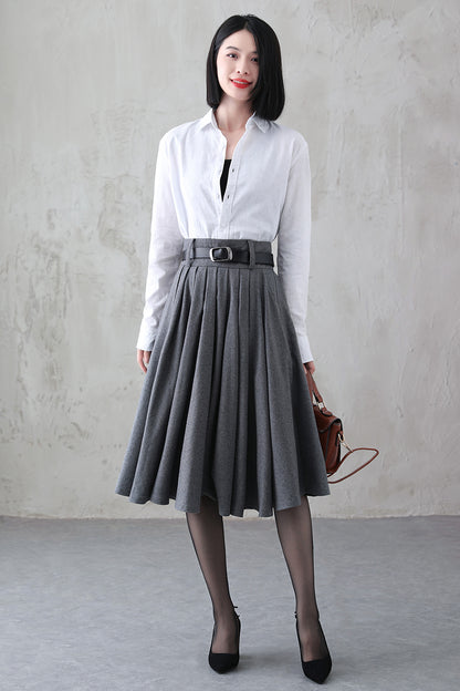 Vintage Gray Wool Skirt – Handmade Winter A-line Skirt with Pockets 3840