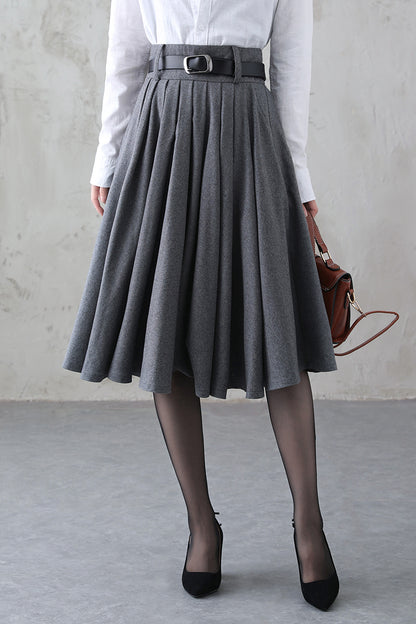 Vintage Gray Wool Skirt – Handmade Winter A-line Skirt with Pockets 3840