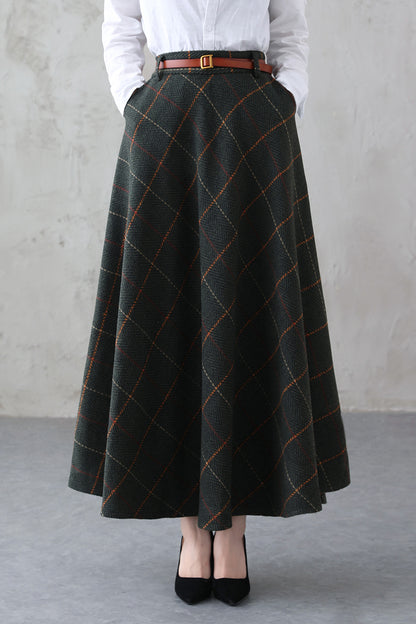 Green Plaid Wool Maxi Skirt – Vintage Swing High Waist Winter Skirt with Pockets 3841