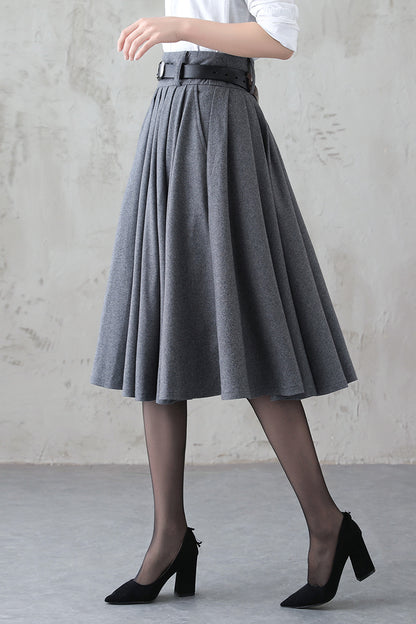Vintage Gray Wool Skirt – Handmade Winter A-line Skirt with Pockets 3840