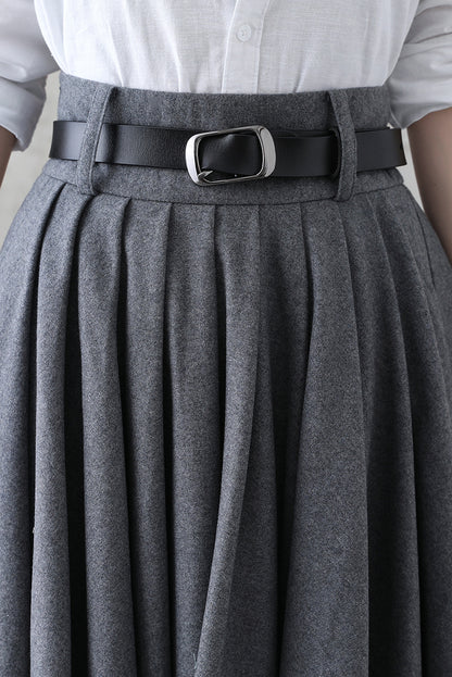 Vintage Gray Wool Skirt – Handmade Winter A-line Skirt with Pockets 3840