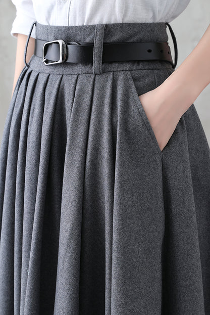 Vintage Gray Wool Skirt – Handmade Winter A-line Skirt with Pockets 3840