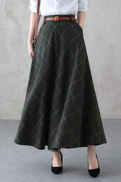 Green Plaid Wool Maxi Skirt – Vintage Swing High Waist Winter Skirt with Pockets 3841