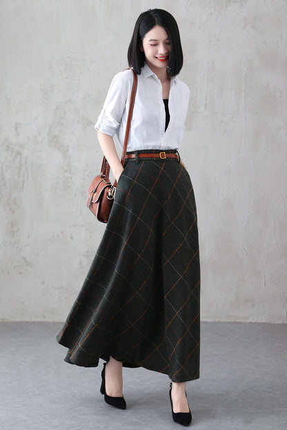 Green Plaid Wool Maxi Skirt – Vintage Swing High Waist Winter Skirt with Pockets 3841