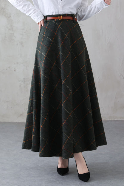 Green Plaid Wool Maxi Skirt – Vintage Swing High Waist Winter Skirt with Pockets 3841