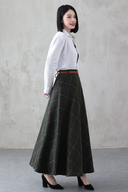 Green Plaid Wool Maxi Skirt – Vintage Swing High Waist Winter Skirt with Pockets 3841