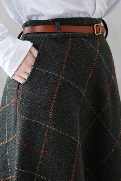 Green Plaid Wool Maxi Skirt – Vintage Swing High Waist Winter Skirt with Pockets 3841
