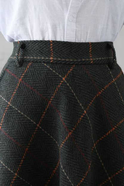 Green Plaid Wool Maxi Skirt – Vintage Swing High Waist Winter Skirt with Pockets 3841