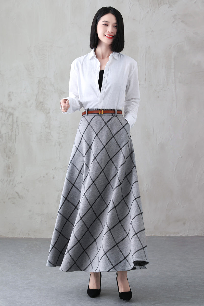 Women A-Line Plaid Wool Skirt 384301
