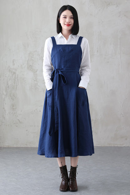 Women Blue Midi Linen Pinafore Dress 3844