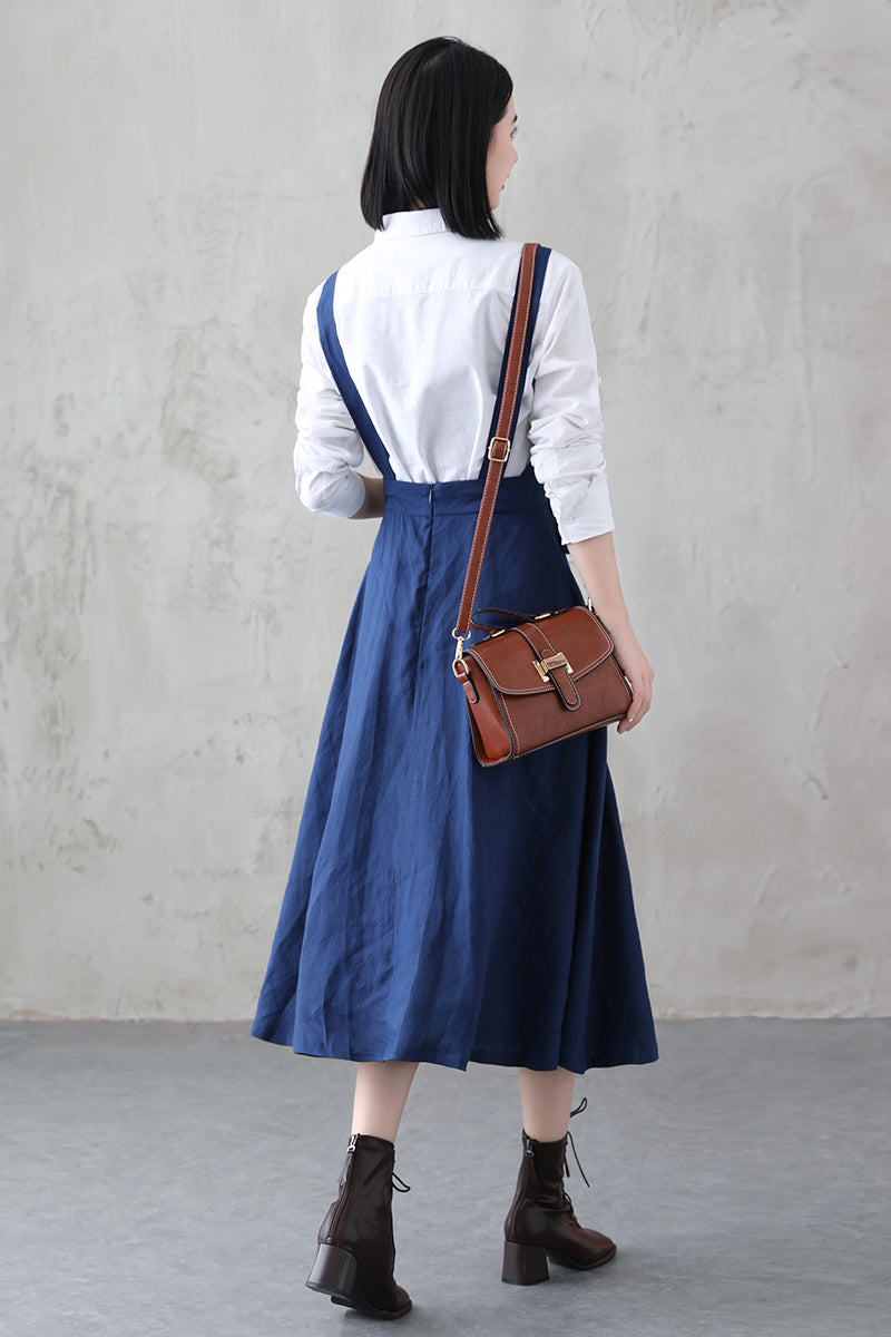 Women Blue Midi Linen Pinafore Dress 3844 – Xiaolizi
