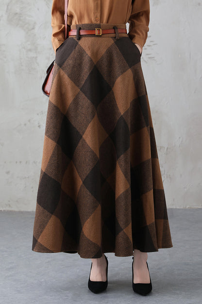 High Waisted Winter Plaid Wool Skirt 3845