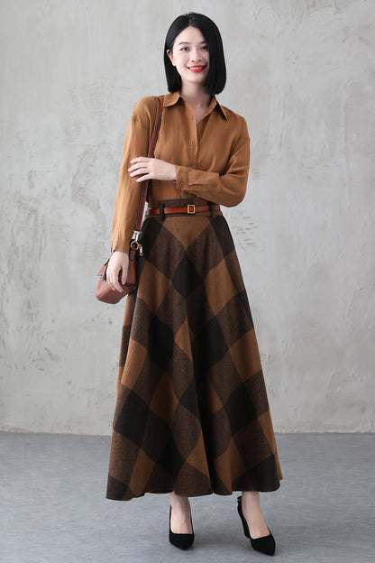 High Waisted Winter Plaid Wool Skirt 3845