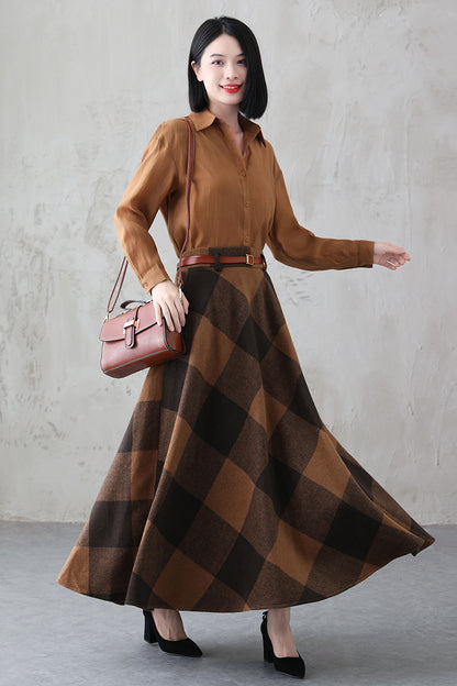High Waisted Winter Plaid Wool Skirt 3845
