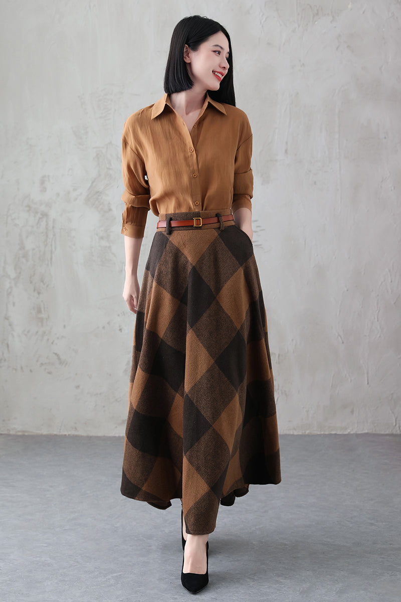 High Waisted Winter Plaid Wool Skirt 3845