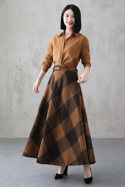 High Waisted Winter Plaid Wool Skirt 3845
