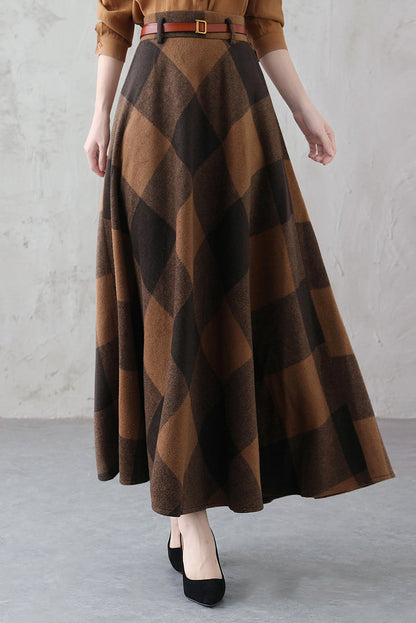 Plaid Wool Full Skirt - High Waisted Ankle Length Winter Essential 3845