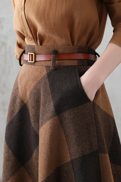 High Waisted Winter Plaid Wool Skirt 3845