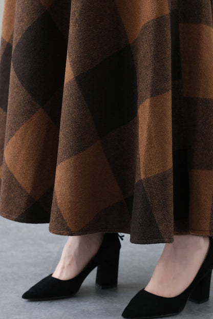 Plaid Wool Full Skirt - High Waisted Ankle Length Winter Essential 3845