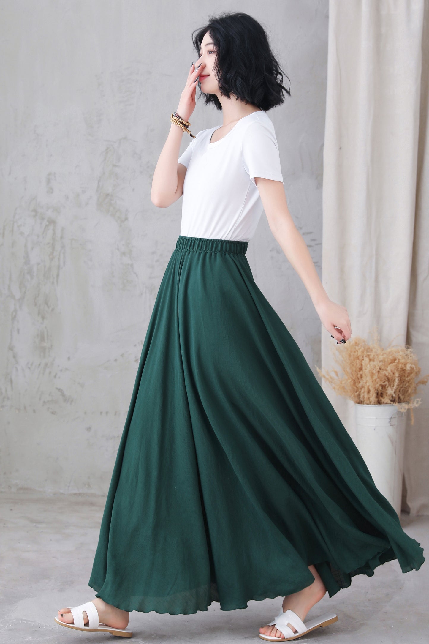 Elastic Waist Green Linen Long Skirt 3296