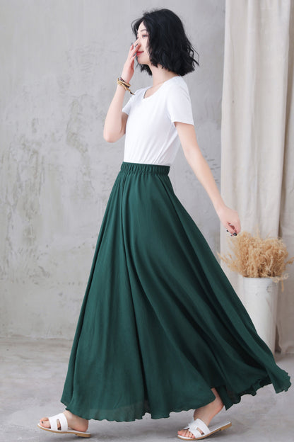 Green Linen Circle Skirt - Elastic Waist, Flowing Silhouette 3296