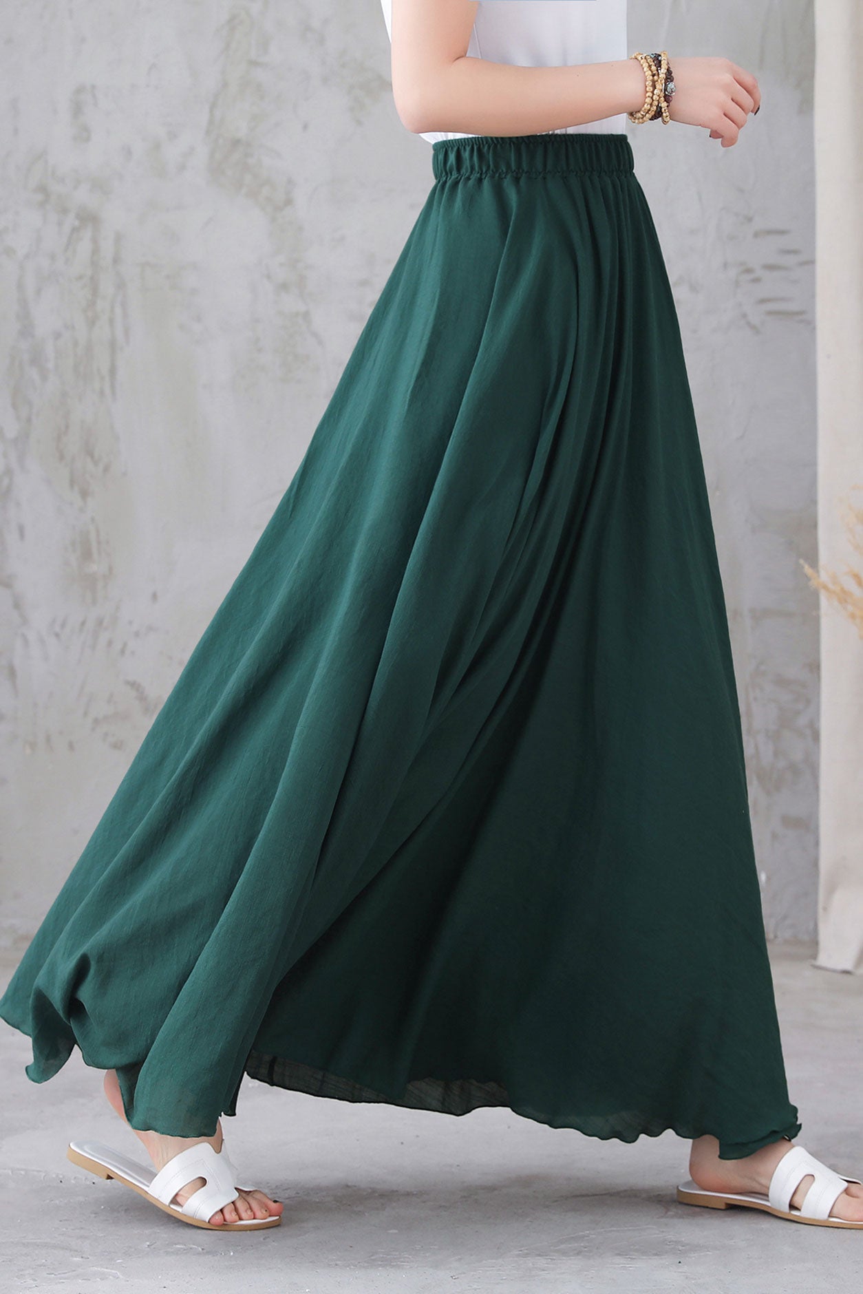 Elastic Waist Green Linen Long Skirt 3296