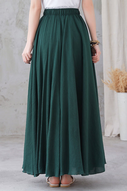 Green Linen Circle Skirt - Elastic Waist, Flowing Silhouette 3296