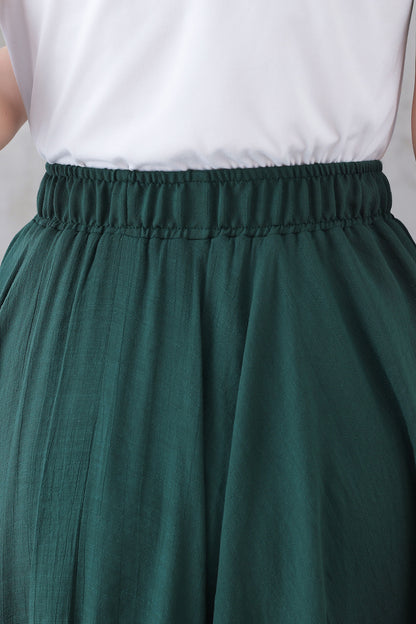 Green Linen Circle Skirt - Elastic Waist, Flowing Silhouette 3296