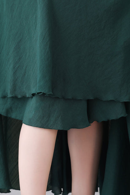 Green Linen Circle Skirt - Elastic Waist, Flowing Silhouette 3296