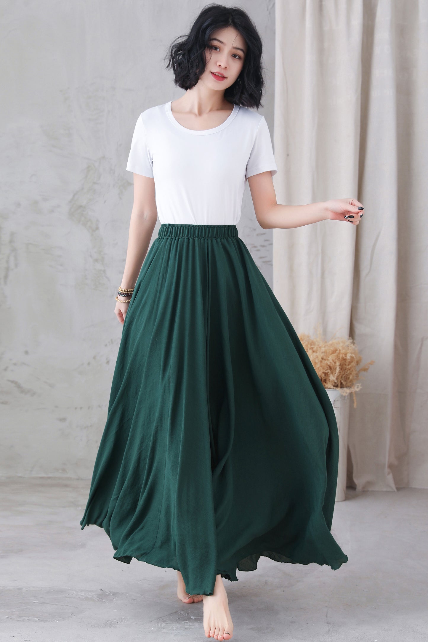 Elastic Waist Green Linen Long Skirt 3296