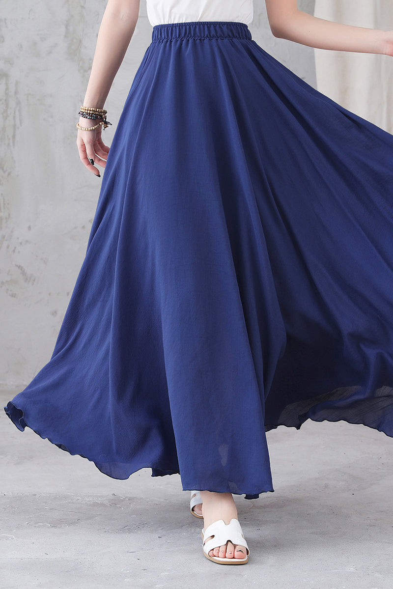Women Blue Summer Elastic Waist Linen Long Skirt 3297#CK2200329