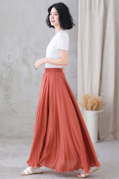Rust Brown Linen Cotton Long Skirt - Elastic Waist Circle Silhouette 3298