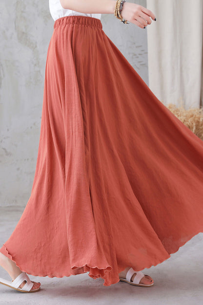 Rust Brown Linen Cotton Long Skirt - Elastic Waist Circle Silhouette 3298