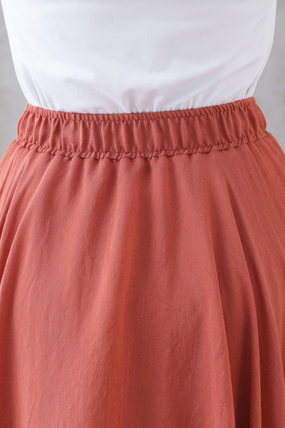Rust Brown Linen Cotton Long Skirt - Elastic Waist Circle Silhouette 3298